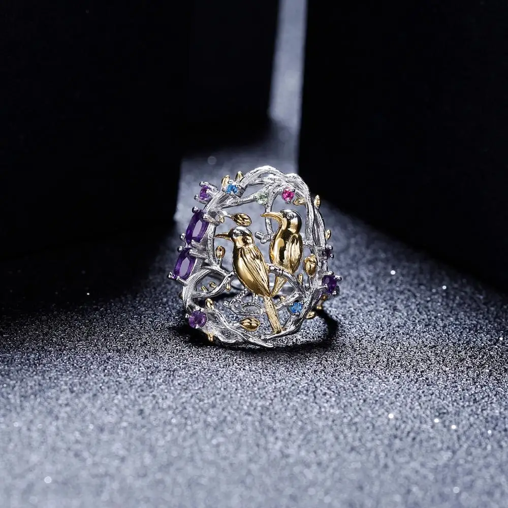 GEM'S BALLET Natural Amethyst Gemstones Women's Cocktail Ring 925 Sterling Silver Handmade Branches Busy Garden Fine Jewelry