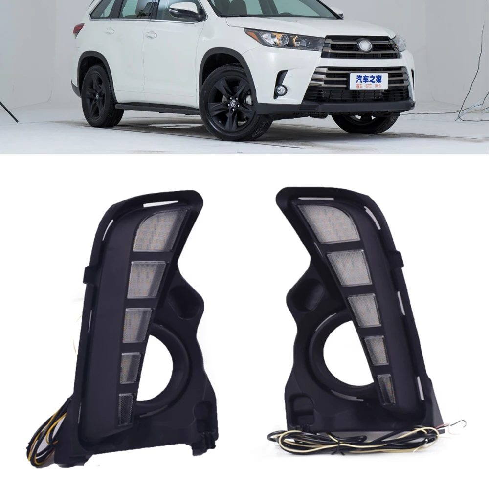 

2Pieces Car accessories LED DRL Daytime Running Lights Turn Signal Yellow 12V Daylight Fog Lamp Cover For Toyota Highlander 2018