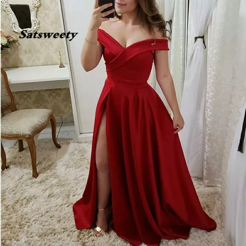 Vestido de noche plisado para fiesta de graduación, ropa de noche de satén con abertura lateral, sexy, largo