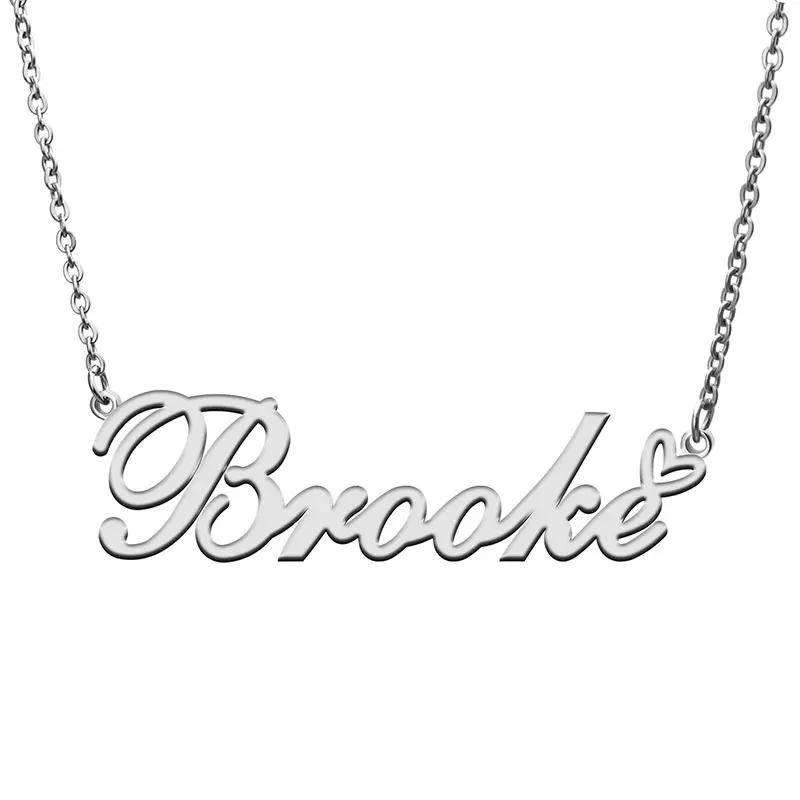 Brooke Name with Love Heart Necklace for Women Stainless Steel Jewelry Nameplate Pendant Femme Mother Child Girls Gift