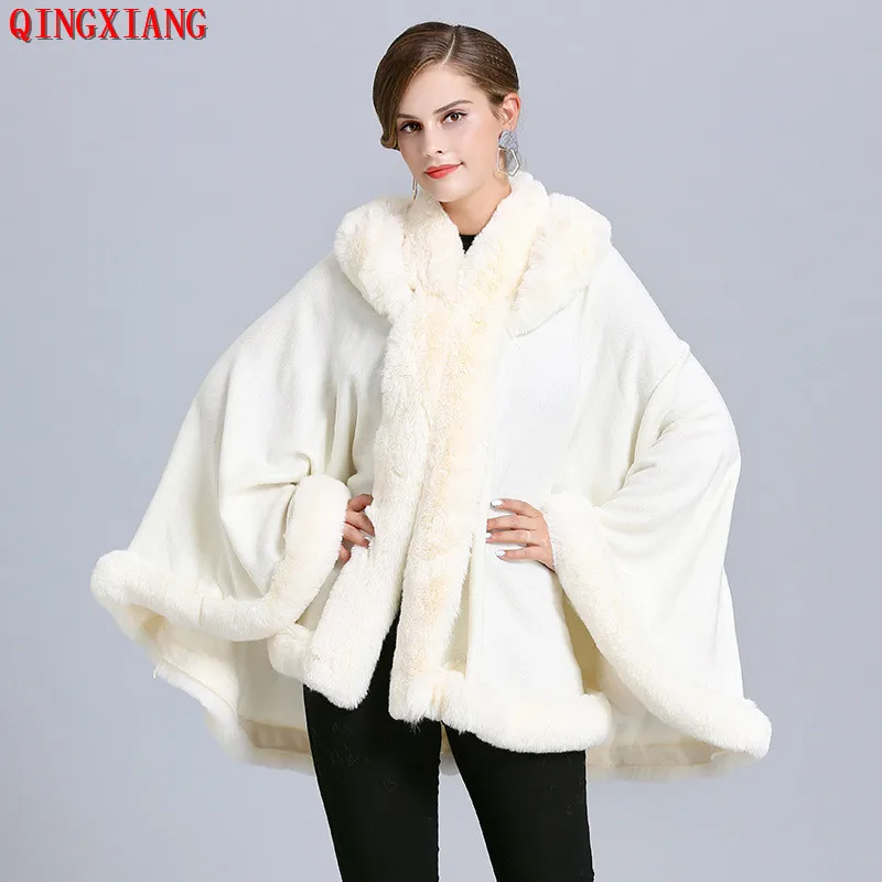 

5 Colors Women Faux Rabbit Fur Loose Poncho Cape Big Pendulum Cardigan Winter Shawl Warm Thick Outstreet Wear Wrap Coat With Hat