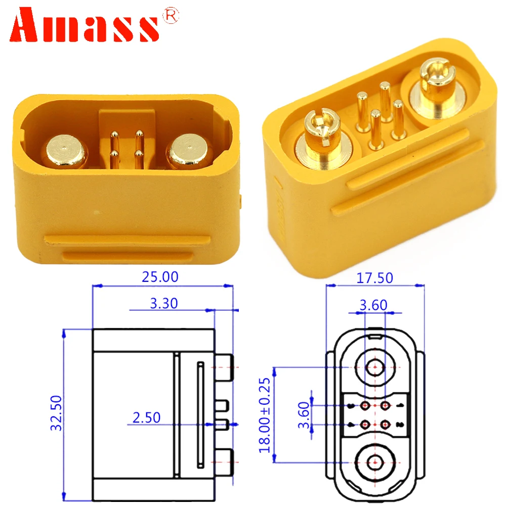 1Pcs Amass AS150UPB-M ชายปลั๊ก DC50V 70A-140A ทองเหลืองชุบทองขั้วต่อสัญญาณ Pin สูงสำหรับ RC Lipo มอเตอร์ ESC