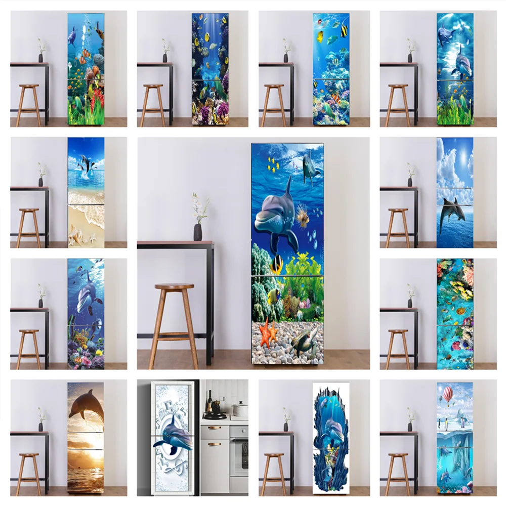 3D Sea World Vinyl Fridge Stickers Refrigerator Cover Full Door Custom Self-Adhesive Wallpaper Decoration Film Poster Mural Wrap