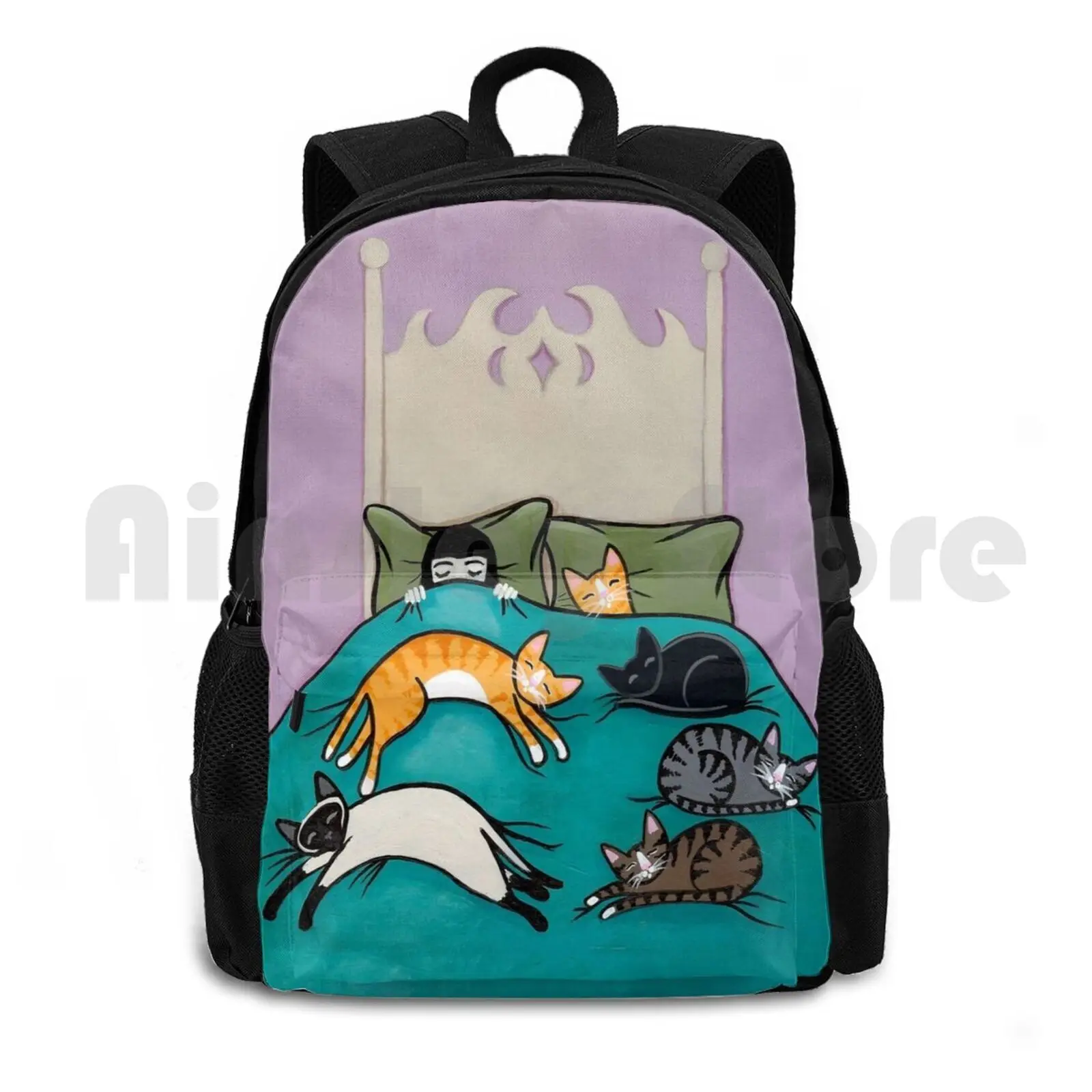 

Bed Time With Cats Outdoor Hiking Backpack Riding Climbing Sports Bag Original Cat Folk Art Whimsical Bed Sleep Band Funny