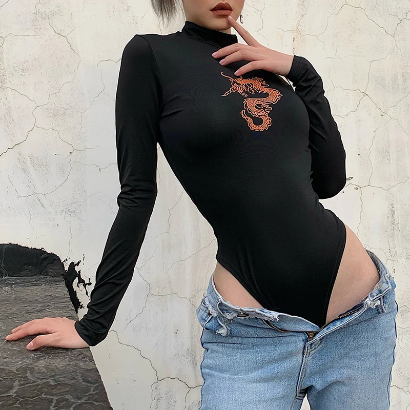 Dragon Printed Long Sleeve Bodysuit Women Sexy Black Bodycon Romper Bodysuits Spring Autumn O-neck Streewear Bodysuit