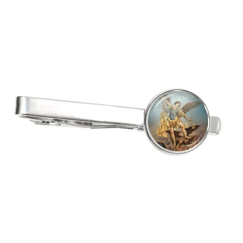 Men Silver Color Tie Clasp Clip Clamp Pin Archangel St.Michael Protect Me Saint Shield Protection Charm Russian Orhodox Tie Clip