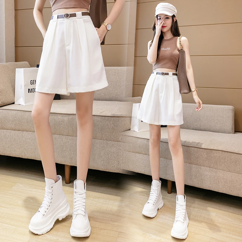 New Loose Wide Leg Women Shorts Summer Casual A-Line High Waist Bermudas Mujer Boyfriend Free Belt Khaki White Black Short Femme