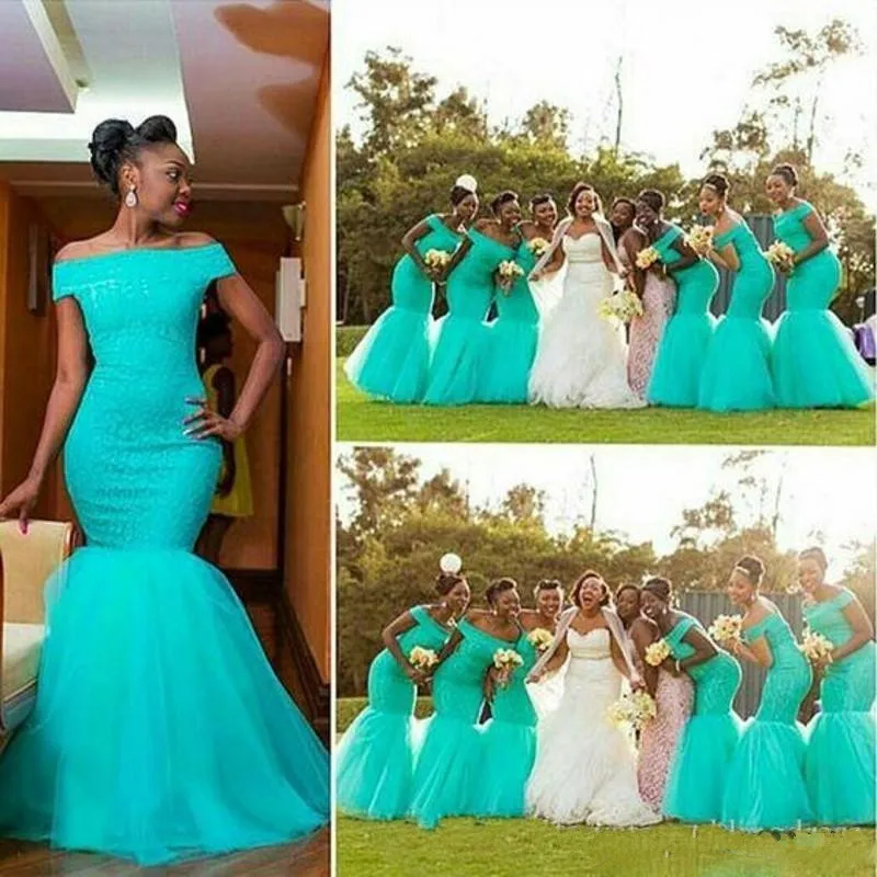 

Turquoise South African Cheap Bridesmaid Dresses Under 50 Mermaid Off The Shoulder Tulle Long Wedding Party Dresses For Women