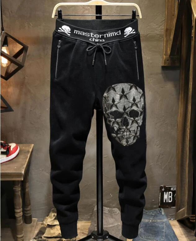 Summer design new fashion brand men's casual hot drilling pants slim Leggings men's scalded skull elastic pants