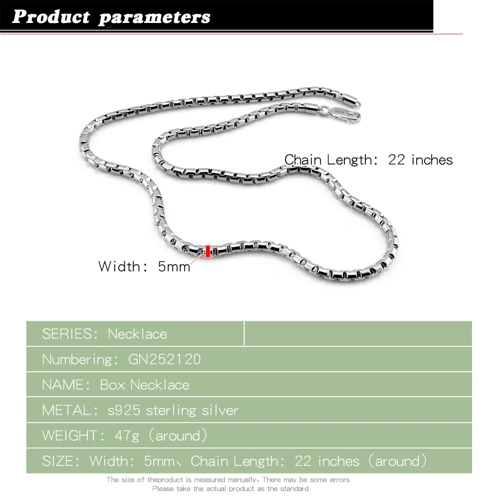 Classic 925 Sterling Silver Box Chain Necklaces for Men Long Hip Hop Necklace On Neck Fashion Jewelry Friends Gift Wide 5MM