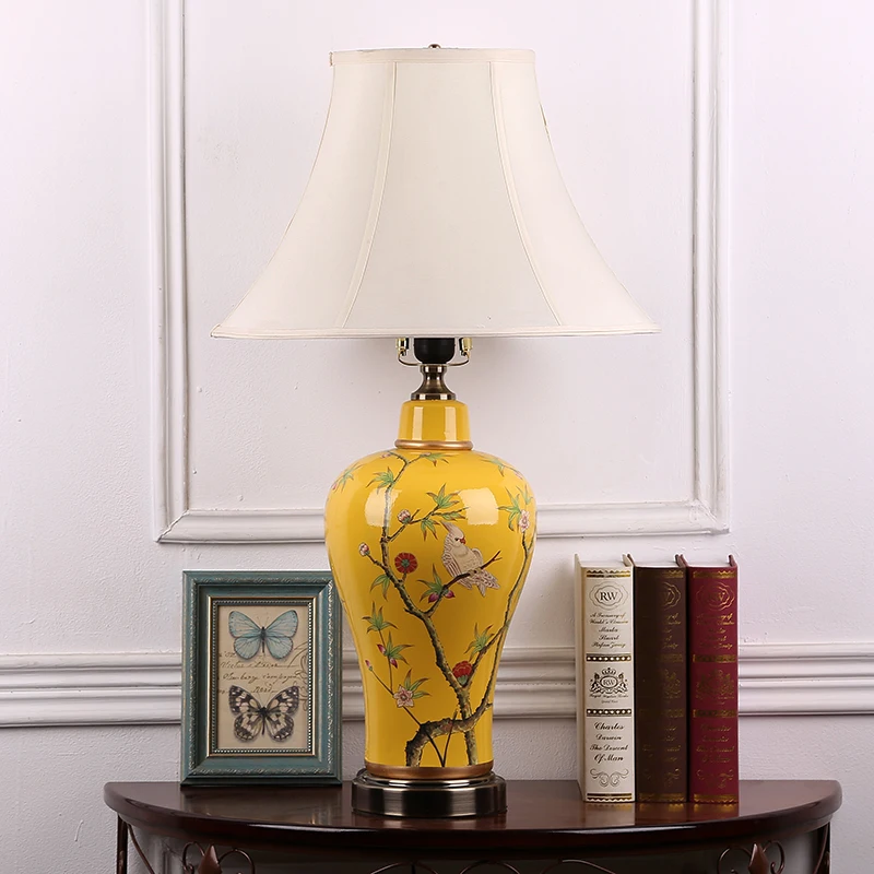 Chinese style creative flower&bird blue ceramic Table Lamps European retro rural fabric iron lamp bedside&foyer&studio XJYTC007