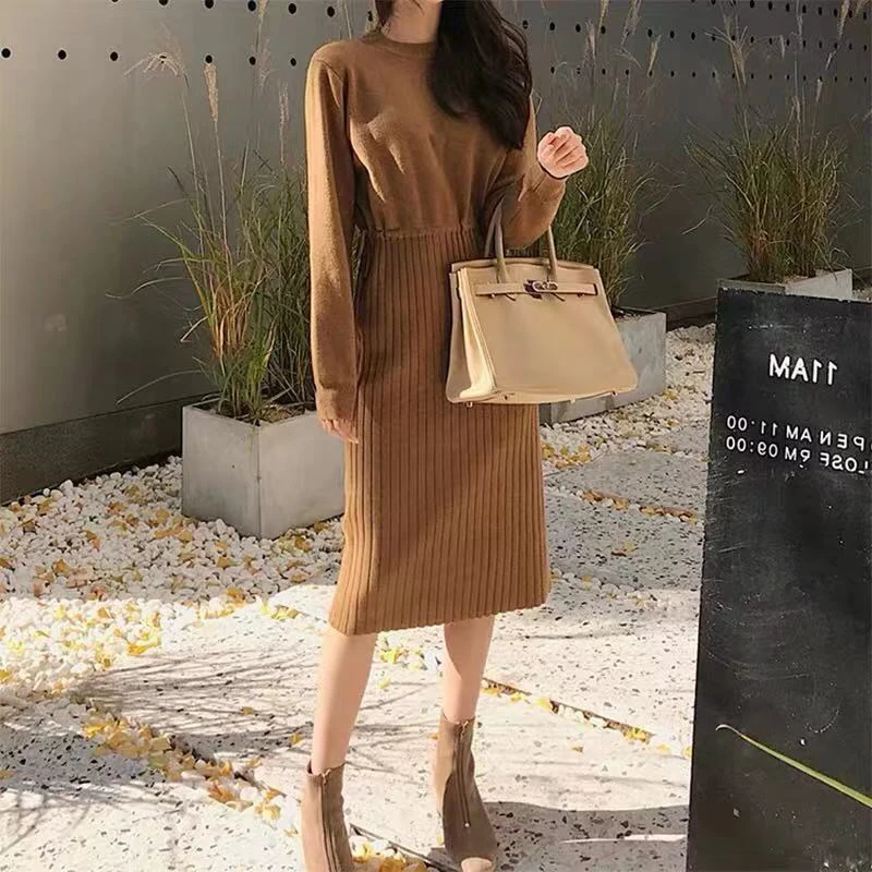 Knee-Length Dress Knitted Elastic Long Sleeve Drawstring Waist Elegant Women 2022 Autumn Winter Knitting Casual Sweater Dress