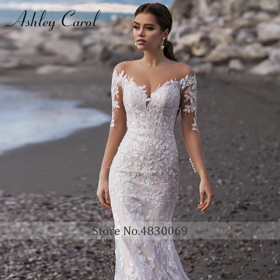 Ashley Carol – robe De mariée sirène, tenue De plage romantique, dos nu, avec des Appliques, à manches longues, collection 2023