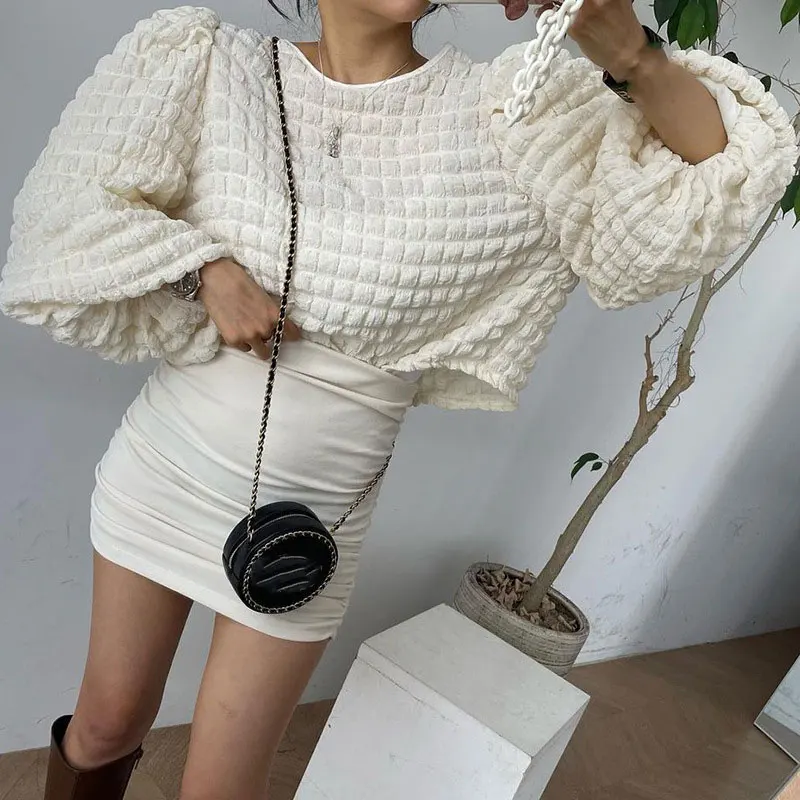 

Sexy Puff Sleeve T Shirts for Women Casual Autumn Vintage Backless Tees Lace Up String Womens Crop Tops Fashion Streetwear