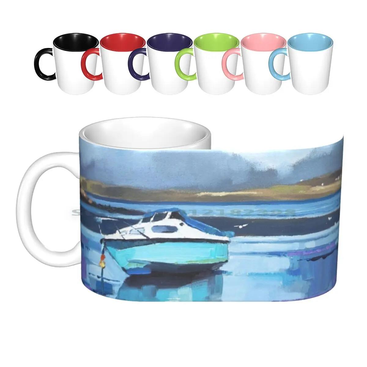 Boat At Fiskavaig Ceramic Mugs Coffee Cups Milk Tea Mug Skye Scotland Boat Fishing Blue Clouds Stormy Sky Reflections Coast