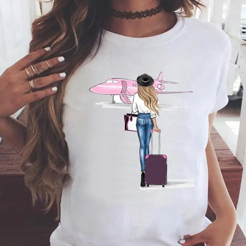 Women T-shirts travel world cute map Watercolor Short Sleeve Cartoon T Top Shirt Print Female Graphic Fashion Tee T-Shirt