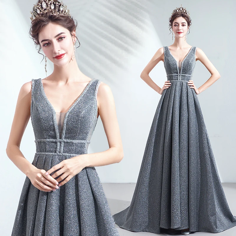 

Silver grey long v neck shining luxury lady girl women mother prom dress party dress performance free shipping