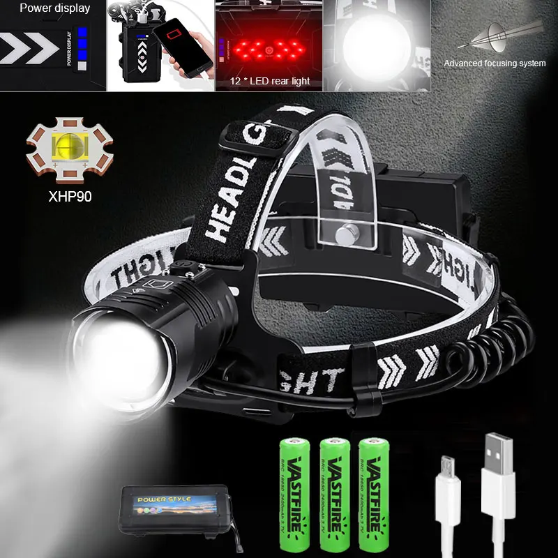 

Powerful XHP90 Zoomable Headlamp USB Rechargeable Camping Flashlight Fishing Lantern Headlamp Waterproof Head Torches 500-1000M