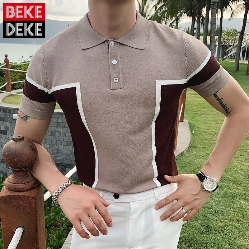 Summer 2022 New Mens Korean Style Turn-Down Collar Vintage Pullover Slim Mixed Colors Fashion Short Sleeve Casual T-Shirts