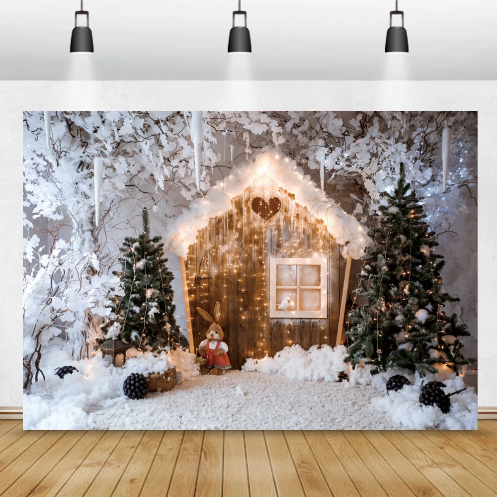 Laeacco ลูกบอลสุขสันต์วันคริสต์มาสต้นของขวัญดาวหมอนหน้าต่างบ้านชนบทภาพบุคคลทารกฉากหลังถ่ายภาพ