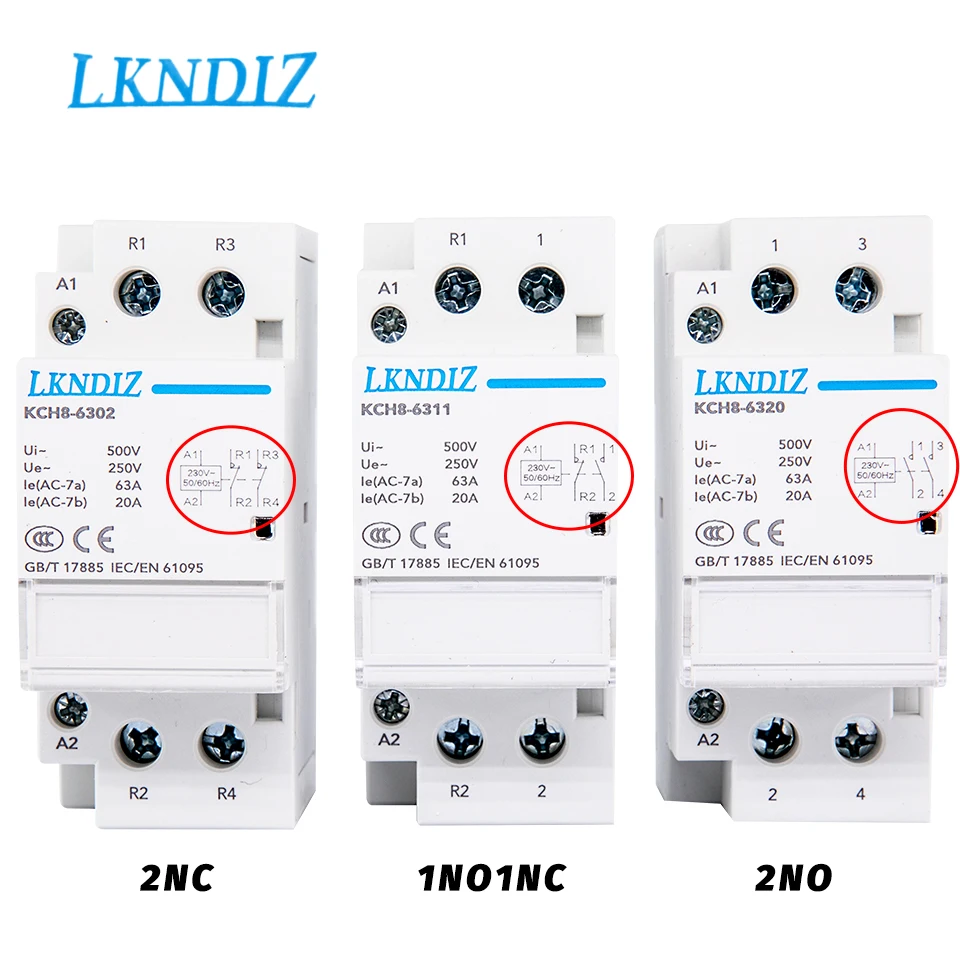 LKNDIZ Din Rail Mounted Household Modular AC Contactor for Smart Home House Hotel AC220V 2P 40A 63A 2NC 2NO 1NO1NC 50/60Hz