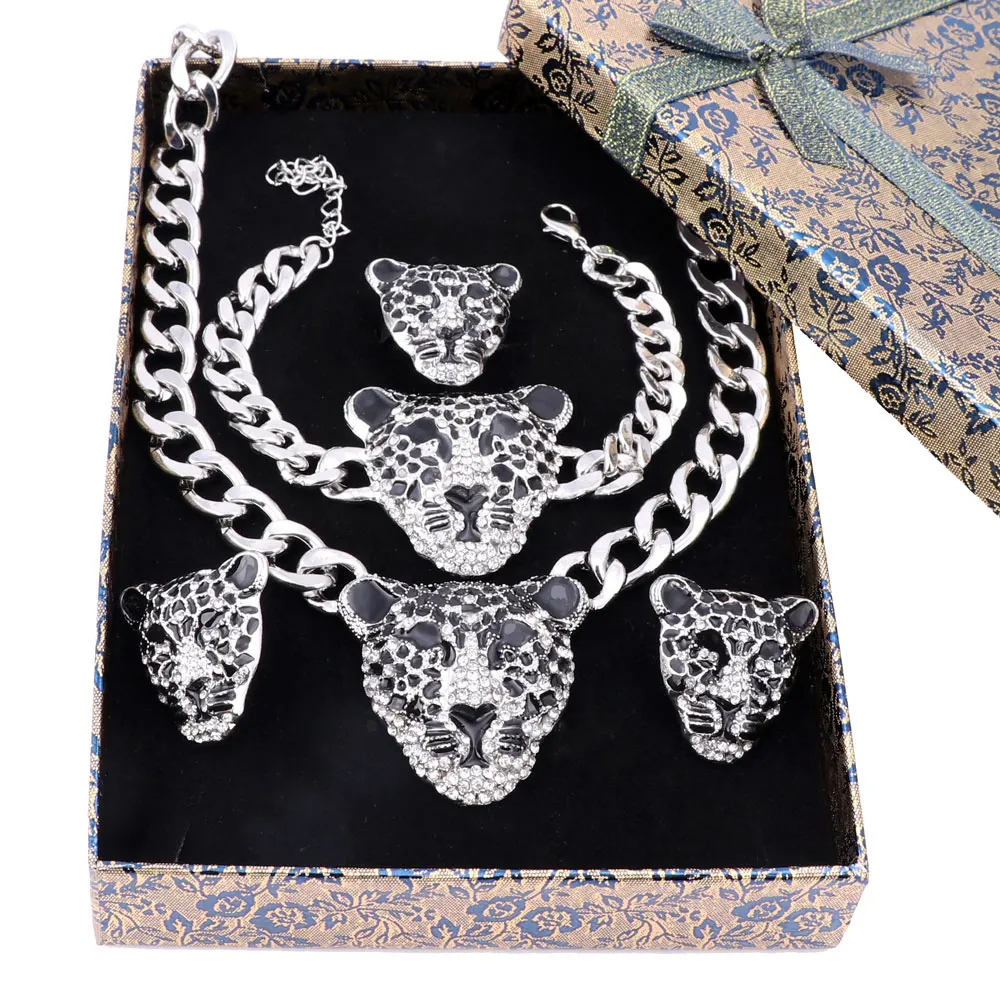 Dubai Gold Color Crystal Enameled Leopard Pendant Statement Necklace Bracelet Earrings Ring Costume Jewelry Set