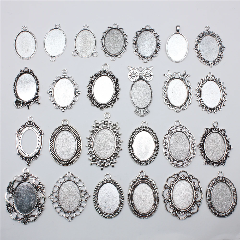 10pcs 18x25mm Inner Size Antique Silver Plated 31 Styles Cameo Cabochon Base Setting Charms Pendant Necklace Findings