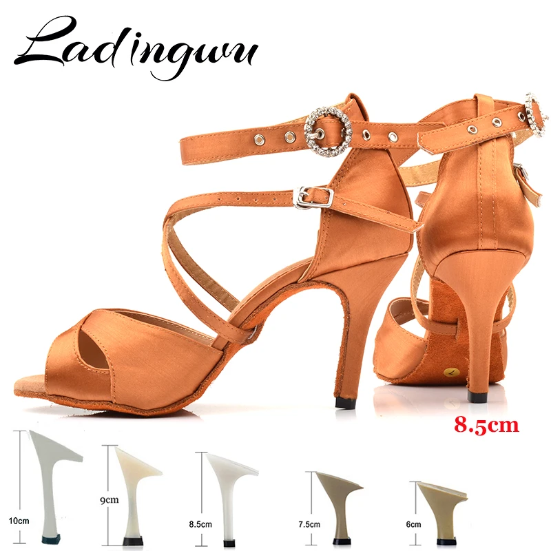 Ladingwu Latin Dance Shoes Salsa Women Bronze Satin Paty Tango Salsa Dance Shoes Round Rhinestone buckle Ballroom Shoes Dance