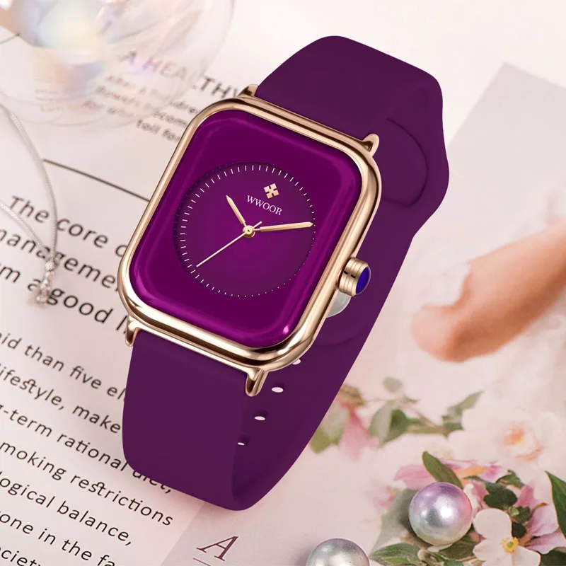 WWOOR Luxury Brand Watches For Women Fashion Square Purple Ladies Quartz Wristwatch Waterproof Silicone Band Relogio Feminino