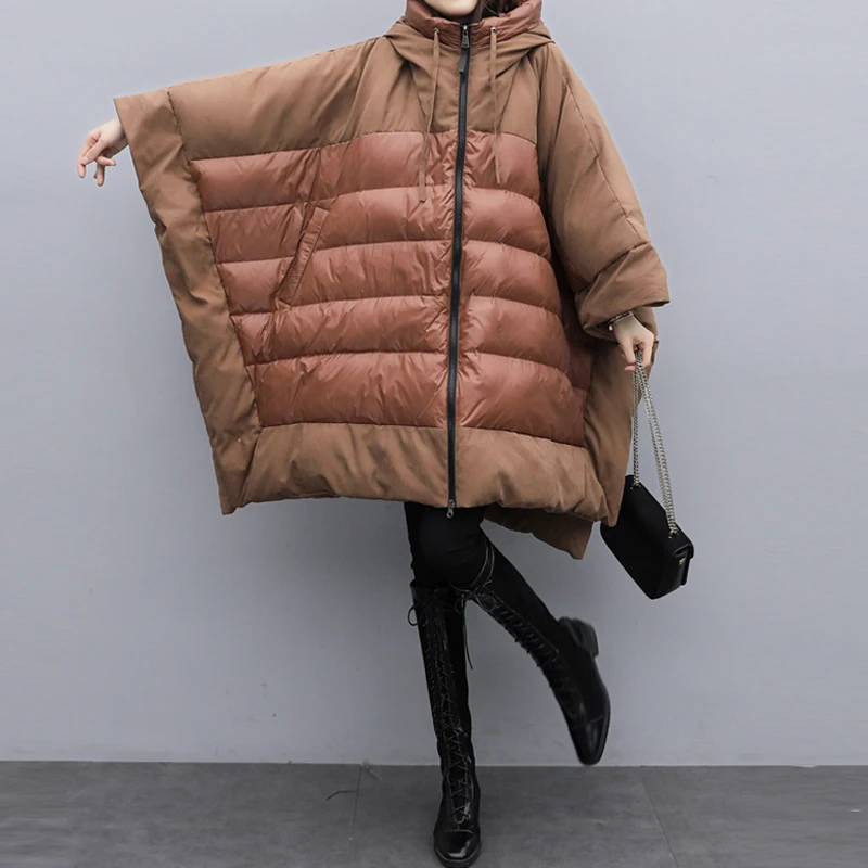 New Winter Women\'s Hooded Down Jackets Thick Loose Brown Batwing sleeve Coat Long Oversized Female Warm Large size INKEO 1O252