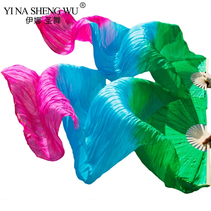 Real Silk/Imitation Silk Bamboo Ribs Long Silk Fans 1Pair Handmade Dyed Silk Fans Belly Dance Performance Fans Mixed Color