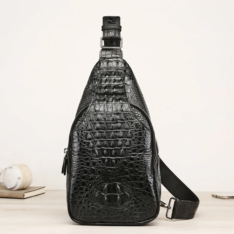 

Genuine Exotic Crocodile Skin Businessmen Black Chest Bag Authentic Alligator Leather Male Messenger Bag Man Cross Shoulder Bag