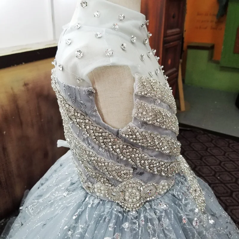 Robe de luxe à fleurs pour filles, perles argentées, cristal, tenue de bal, de spectacle, d'anniversaire