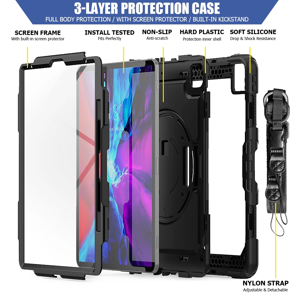 Tough armor Hand Strap Shoulder Strap 360 Rotatable Kickstand Protective Case for 2021 iPad Pro 12.9 inch Gen 5 Cover