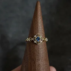 Anel banhado a ouro 14k de prata esterlina 925 para mulheres, zircônia azul, japonês, retrô, oco, simples, joias para festa de casamento