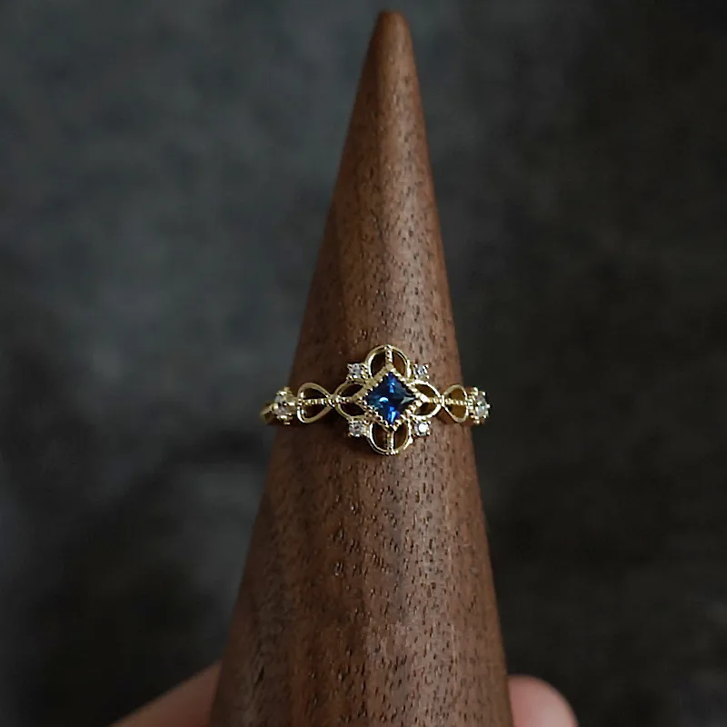 925 srebro 14K pozłacany pierścionek dla kobiet niebieska cyrkonia japoński Retro Hollow prosty pierścionek Wedding Party biżuteria