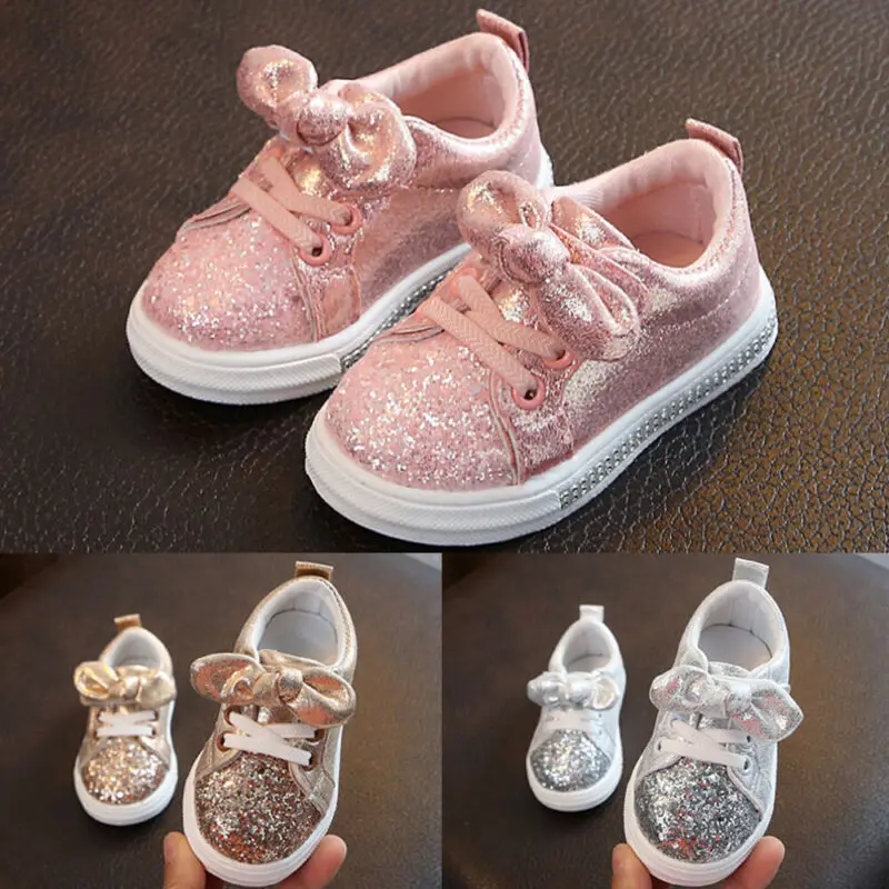 1-3 Years Baby Girls Shoes Girl Bow Sequin Shoe Trend Toddler Shoes Children Soft Sole Sport Shoes