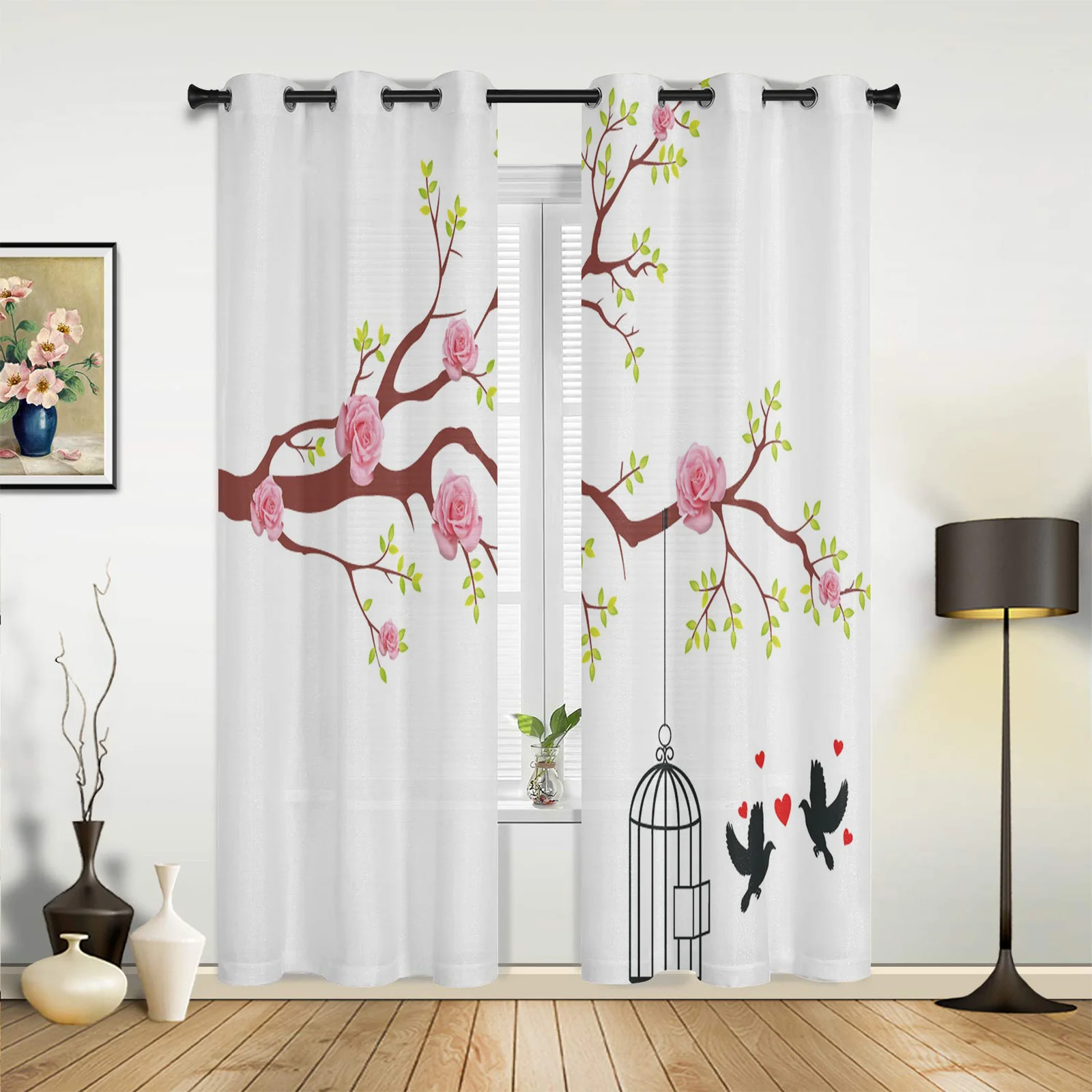 Modern Curtains Rose Flower Branch Bird Baby Room Bedroom Creative Window Curtains Kitchen Living Room Terrace Valance Curtains