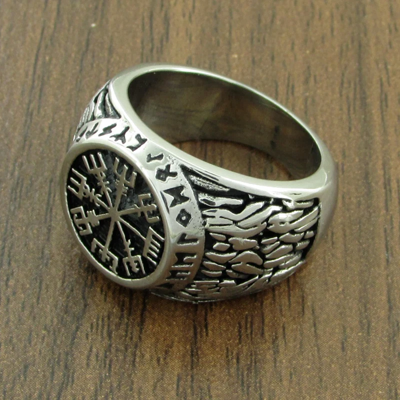 Vintage 316L Stainless Steel Nordic Viking Helm Of Awe Ring Custom Rune Beads Sign Scandinavian Odin Symbol Fashion Men Jewelry - Image 2