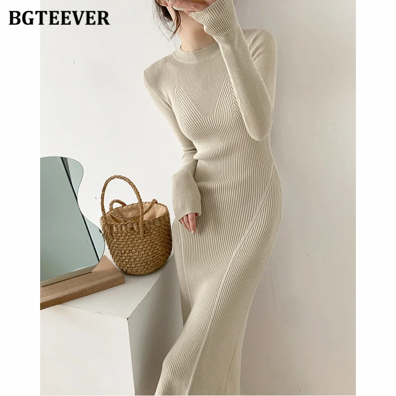 BGTEEVER O-neck Slim Sweaters Bodycon Dress for Women 2021 Autumn Winter Knitted Vestidos Femme Full Sleeve Midi Female Dress