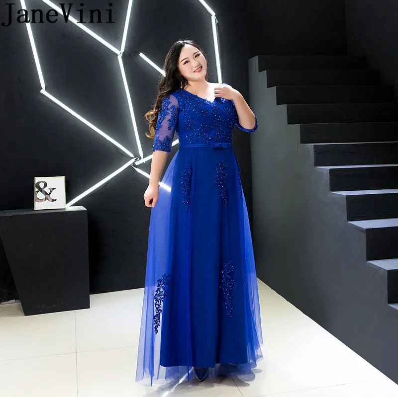 

JaneVini Elegant Royal Blue Plus Size Mother of the Bride Dresses for Weddings Beaded Lace Long Half Sleeves Dinner Dress Gowns