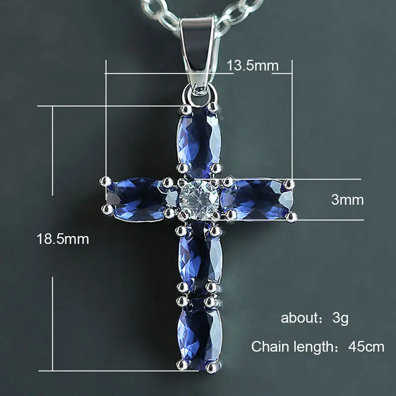 Huitan  Cross Shaped Pendant Necklace Birthday Gift High Quality Ladies Jewelry Prong Setting  Blue CZ Fashion Accessary