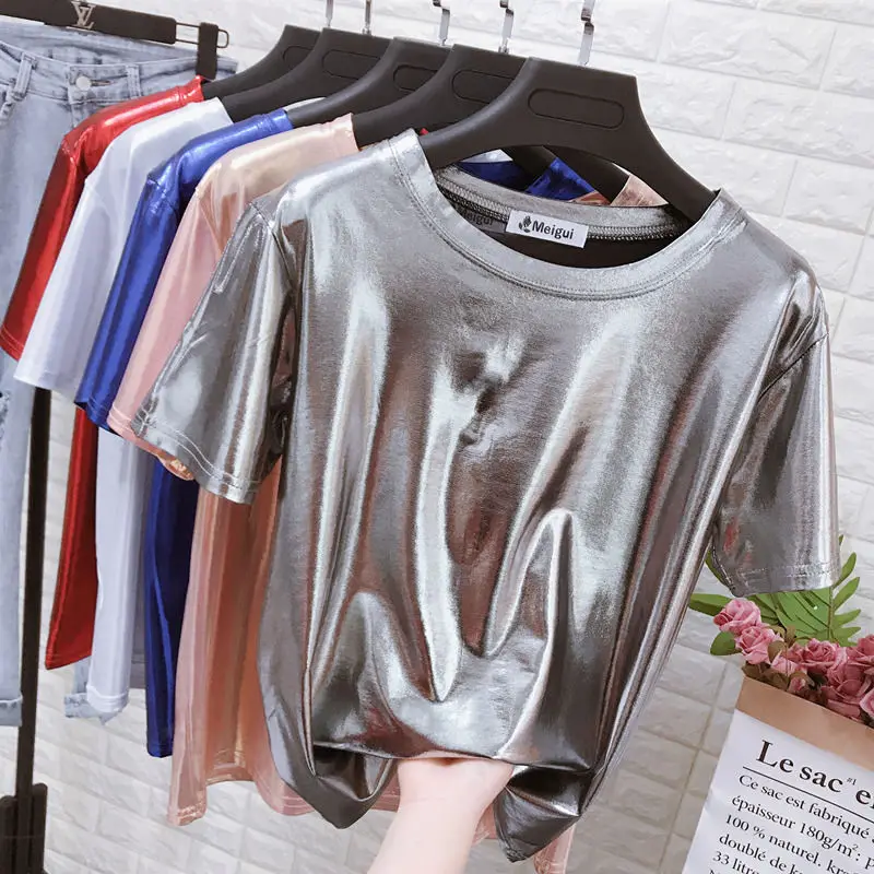 Round Neck Pearl Shiny Surface Short-sleeved T-shirt Women Shiny Reflective Silver Loose Top Summer