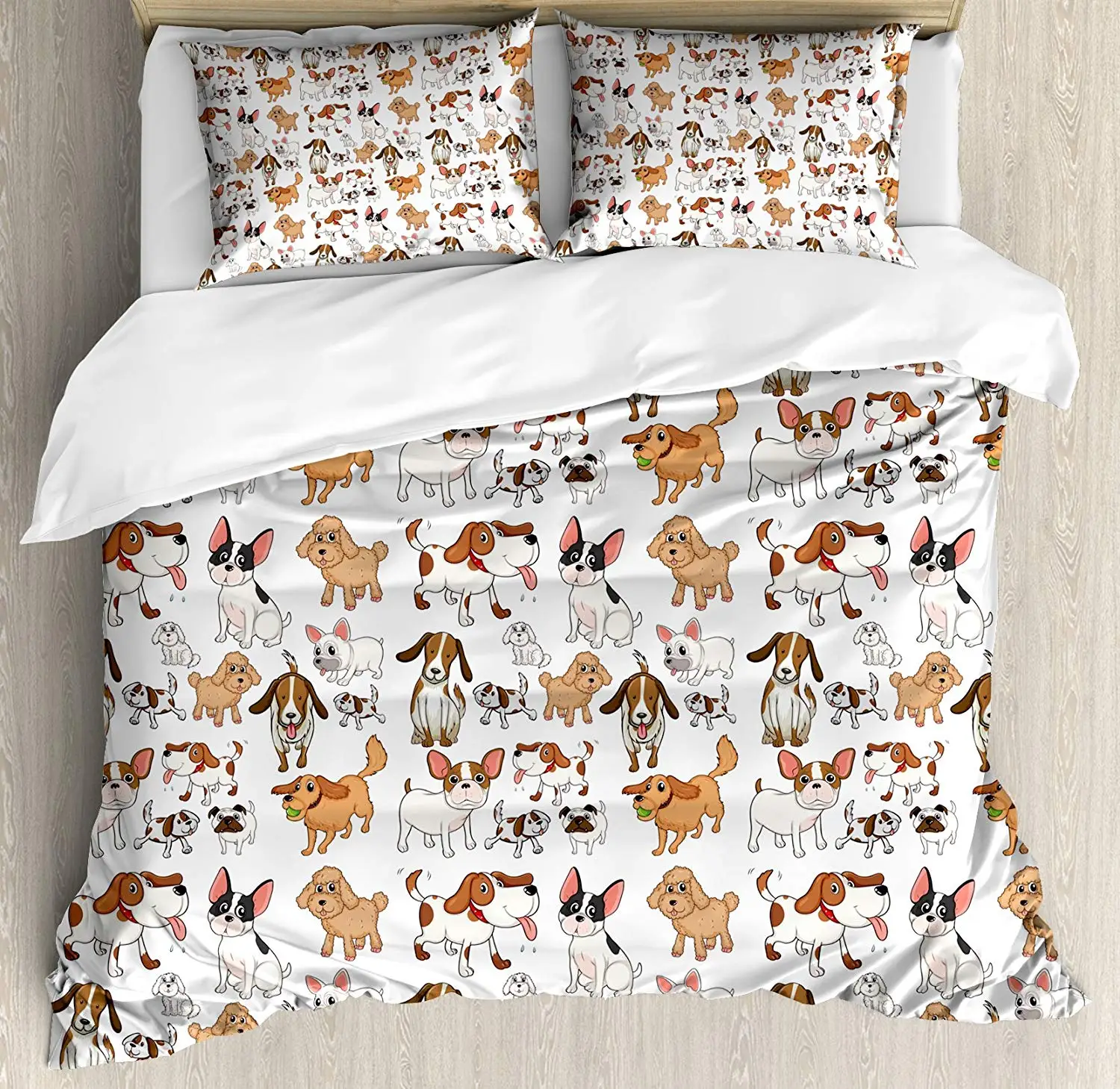 Dog Lover Duvet Cover Set Cartoon Style Chihuahua Terrier Bulldog and Beagle Funny Characters Purebred Pets Decorative 3 Piece