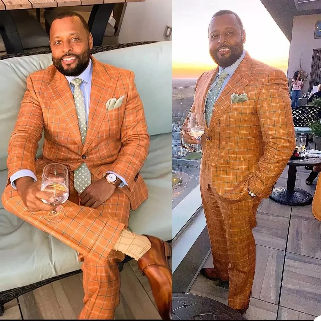 

Mens Customized Unique Orange Check Celebrity Wedding Tuxedos Plus Size Men Wear Dinner Prom Party Blazer (Jacket+Pants)Male Set