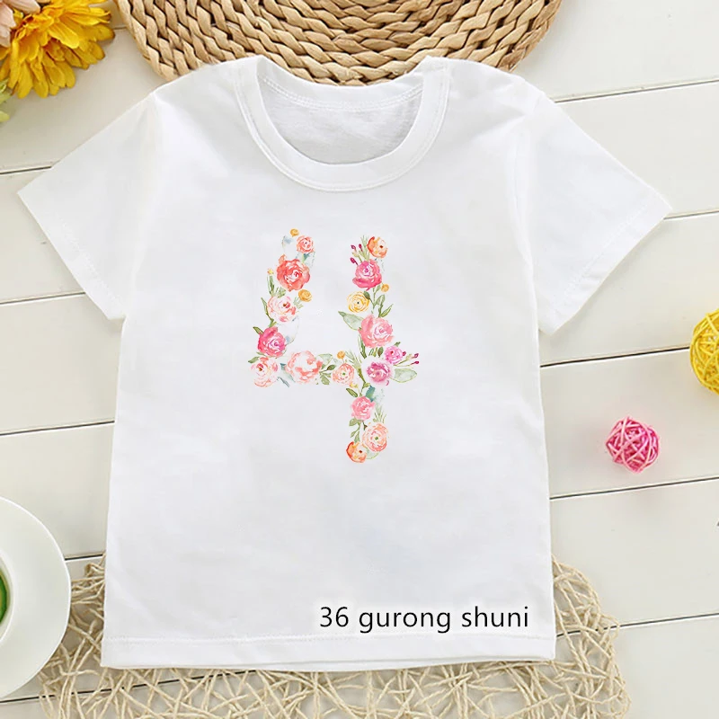 2021 Cute Flowers Rainbow 2-8th Numbers Birthday Gift Graphic Print T Shirts Girls T-Shirts Kids Clothes Children Clothing Tops