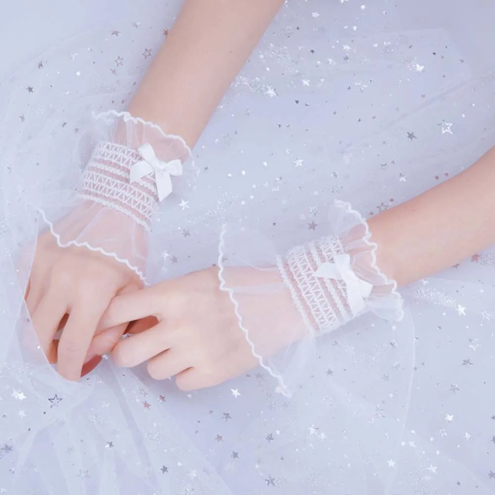 Korean Sweet Lolita Hand Wrist Cuffs Solid Color Bow Lace Maid Gloves For Women Cosplay Girl Party Hand Sleeves