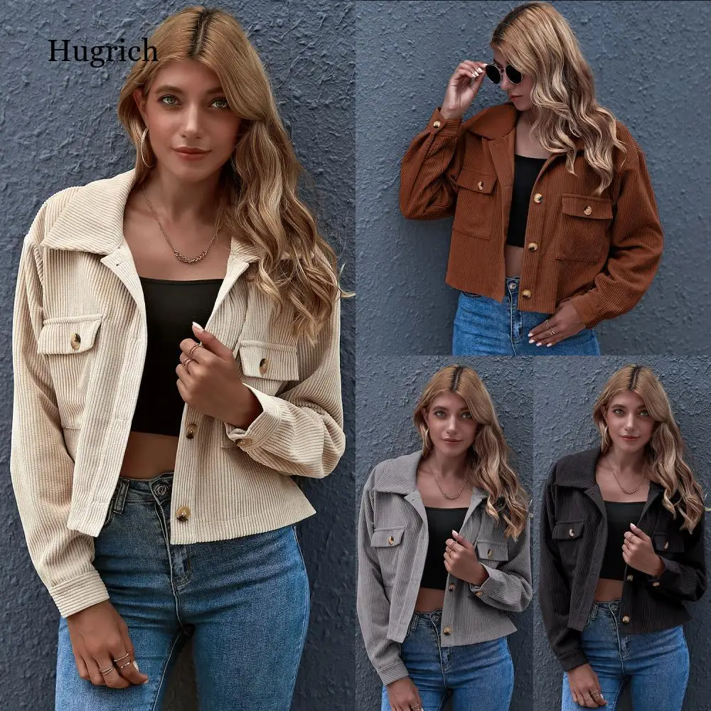 Fashion Women Corduroy Lantern Long Sleeves Lapel Bf Style Jacket Fall Winter Elegant Solid Color New Loose Casual Short Jackets