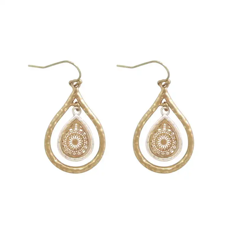 Dainty Matte Gold Plated Metallic Filigree Teardrop Drop Earrings for Women Girl Daily Ear Rings Accessories Gifts