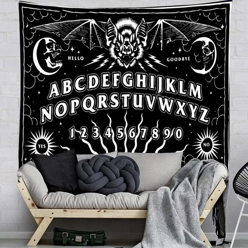 Black Ouija Tapestry Wall Hanging Bat Moon Night Sky Mandala Fabric Divination Art Vintage Gothic Home Decor Psychedelic Carpet